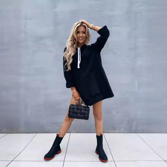 Women's Hooded Sweatshirt With Pockets Fashion Casual Split Mid-length Sweater Drawstring Tops