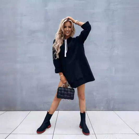 Women's Hooded Sweatshirt With Pockets Fashion Casual Split Mid-length Sweater Drawstring Tops myetyn