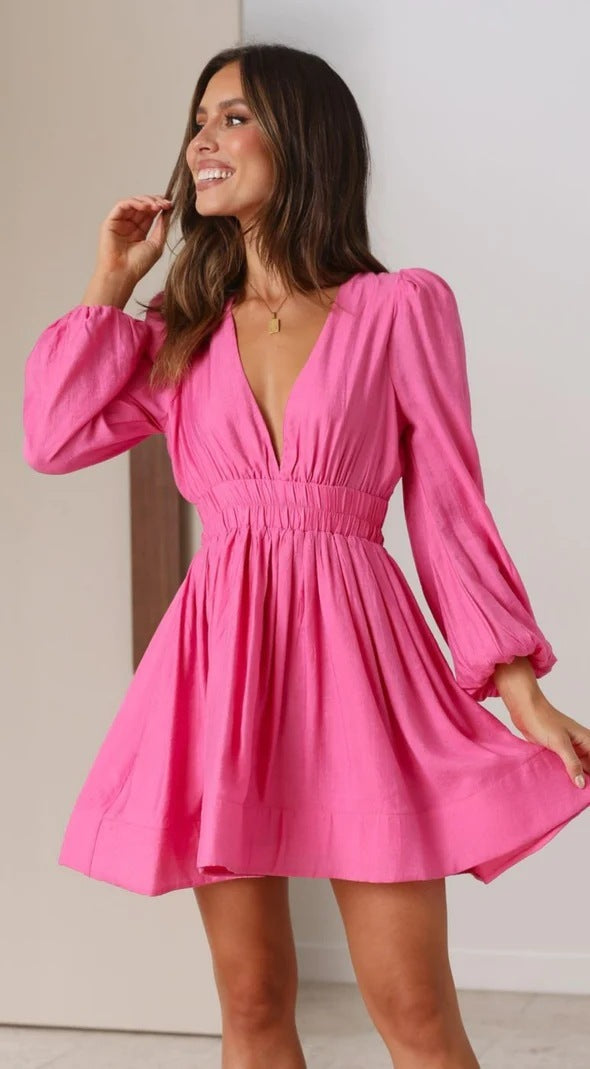 Slim Deep V Waist Pleated Skirt Hem Long Sleeve Dress ETYN