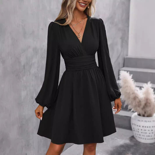 Diagonal Collar Lantern Sleeve Pleated Waist Dress ETYN