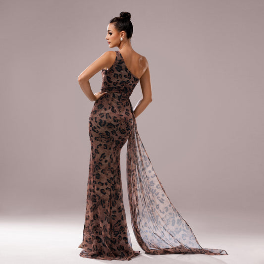 One-Shoulder Leopard Sequin Evening Sheath Dress ETYN