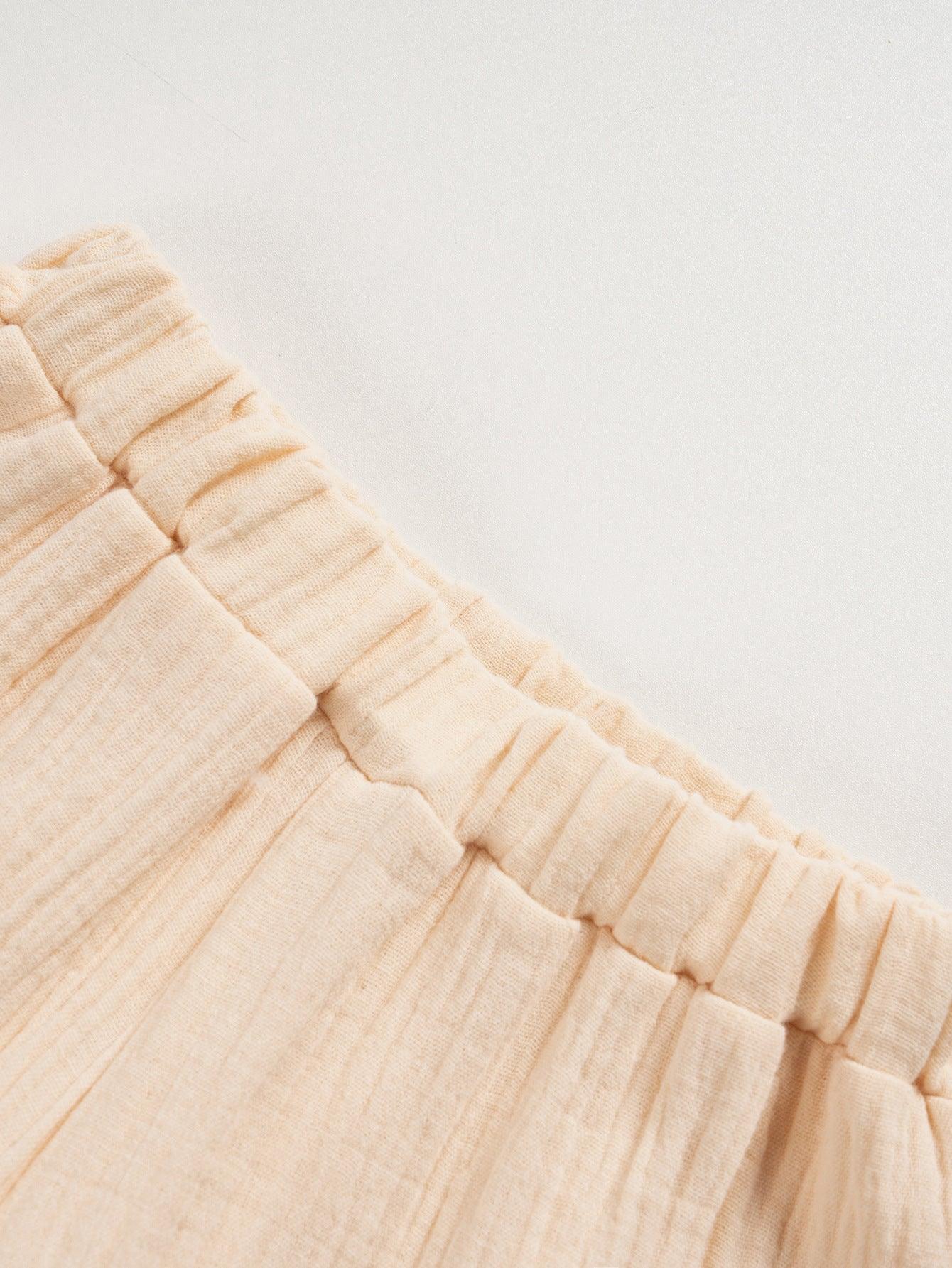 Girls' Beige Solid Color Cotton Suspender Trousers