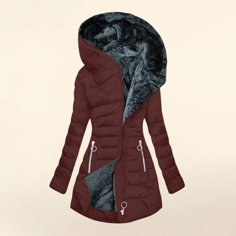 Women's Plush Hooded Mid-length Oblique Zipper Cotton-padded Coat ETYN