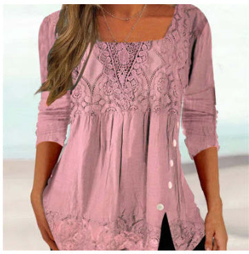 Half-sleeved And Waisted Casual Lace Stitching T-shirt Top