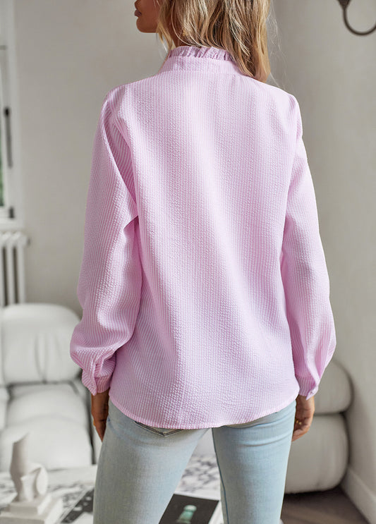 Women’s Striped Ruffle Blouse – Elegant Long Sleeve Button-Up Office Shirt