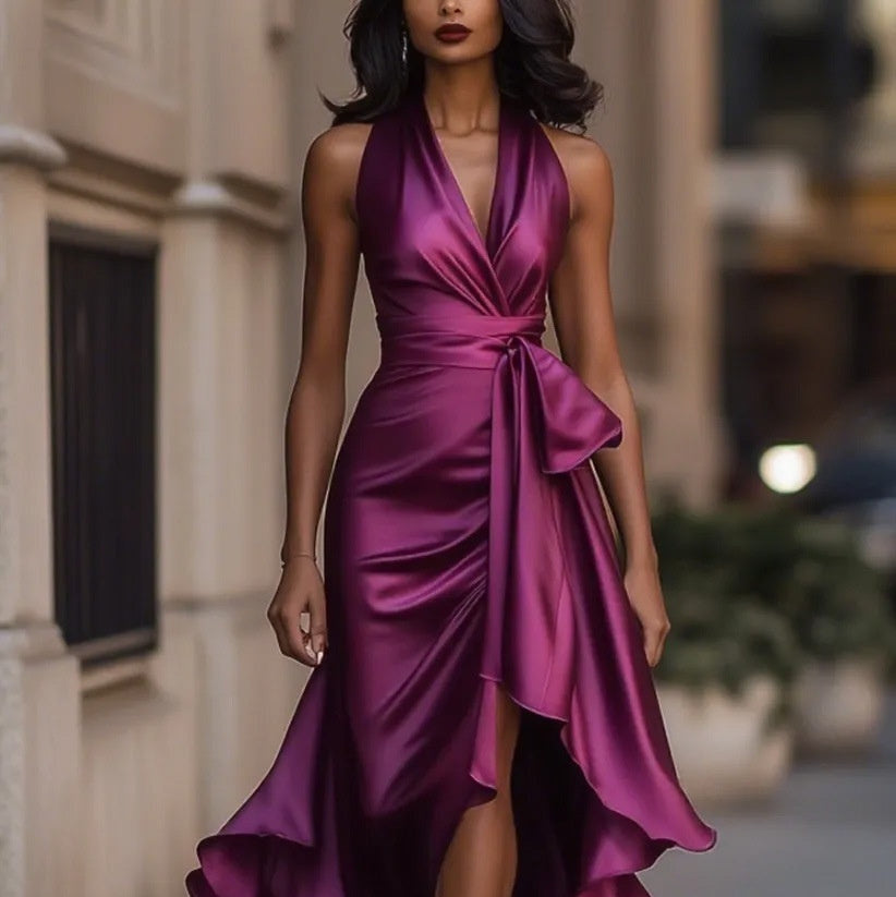 Elegant Deep V-neck Irregular Women's Ruffled Ruffled Evening Dress Gowns Solid Color Lace-up High Waist Satin Party Dresses Wedding Guests Dress Abib