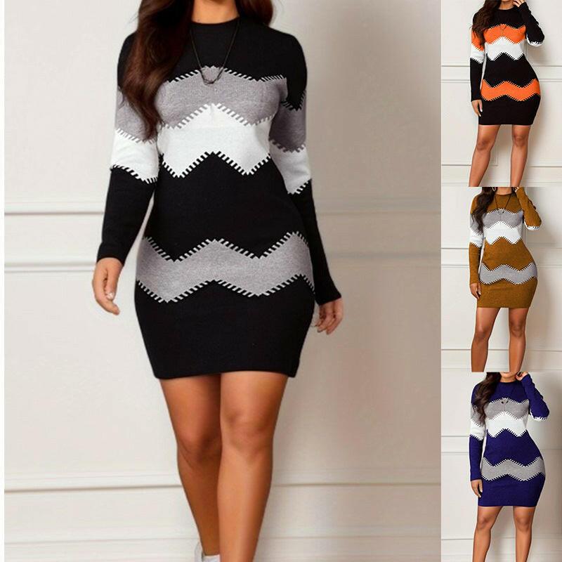 Mid-length Short Skirt Round Neck Long Sleeve Printed Knitted Sheath Dress - myETYN