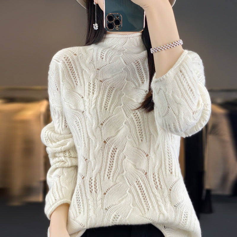 Women’s Half High Collar Wool Pullover Sweater – Autumn & Winter Hollow Knit Design