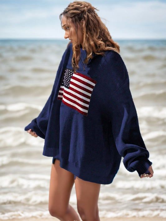 Usa Flag Design Drop Shoulder Sweater,Long Sleeve Tops ETYN