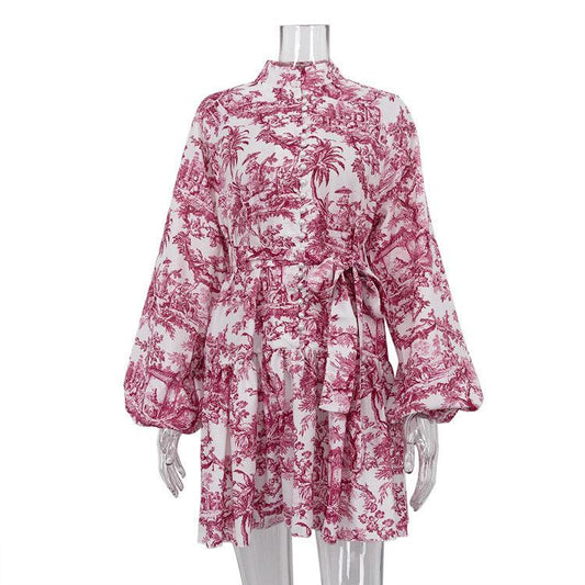 Ink Print Long Sleeve Short Dress With Fashion Puffy Sleeve Lapel Tie A-Line Dress Clothing Kanuner