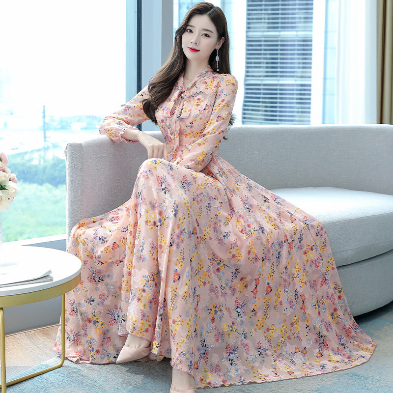 Elegant Slim Fit Below The Knee Bow V-neck Jacquard Maxi Dress