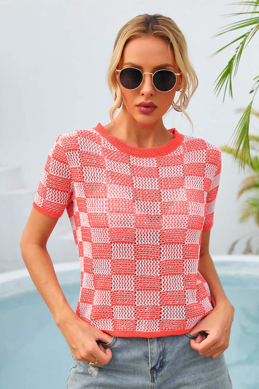 Checkered Short Sleeve Knit Top myETYN