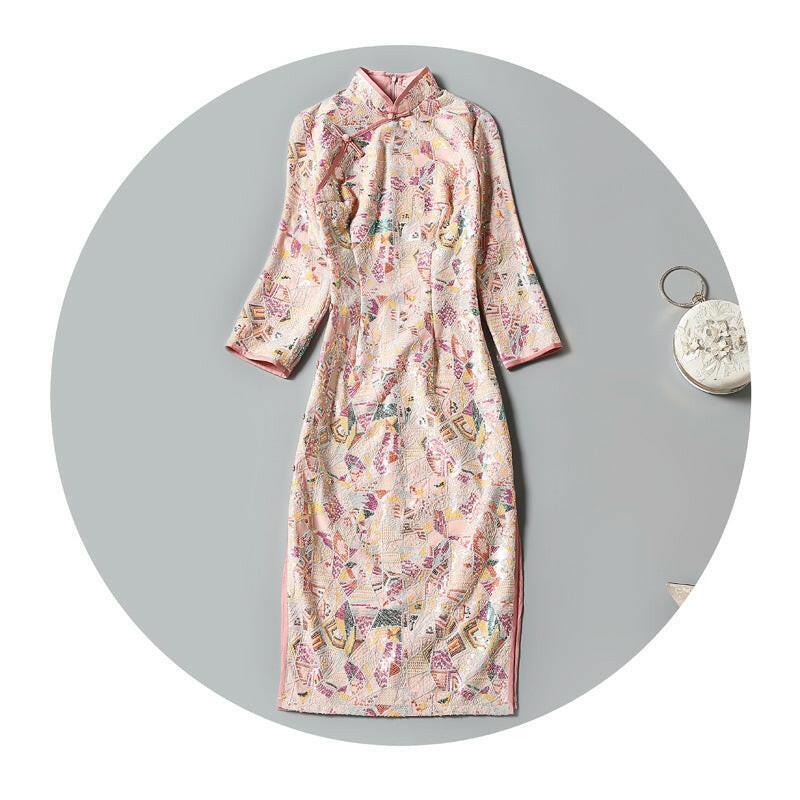 Embroidered Sequins Vintage Standing Neck Cheongsam myETYN