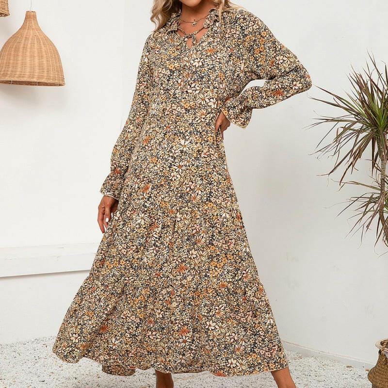 Floral V Neck Lotus Leaf Long Sleeved Printed Skirt Women myETYN