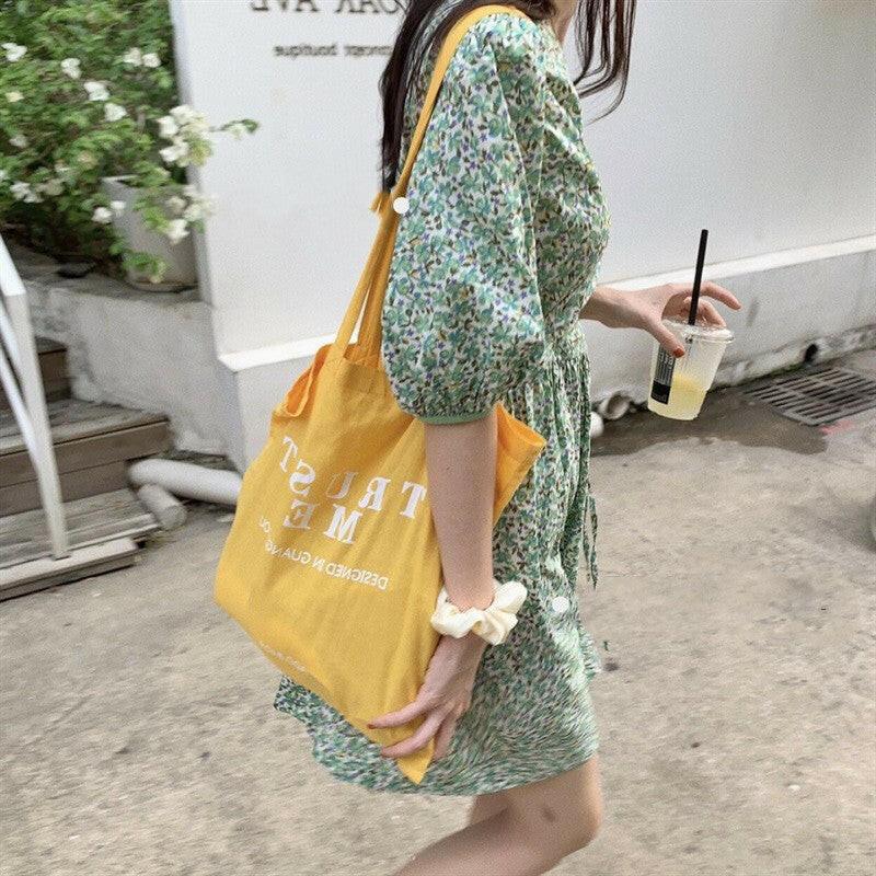 High Waist Short Skirt Small Fresh Green Floral Dress Puff Sleeve Women myETYN