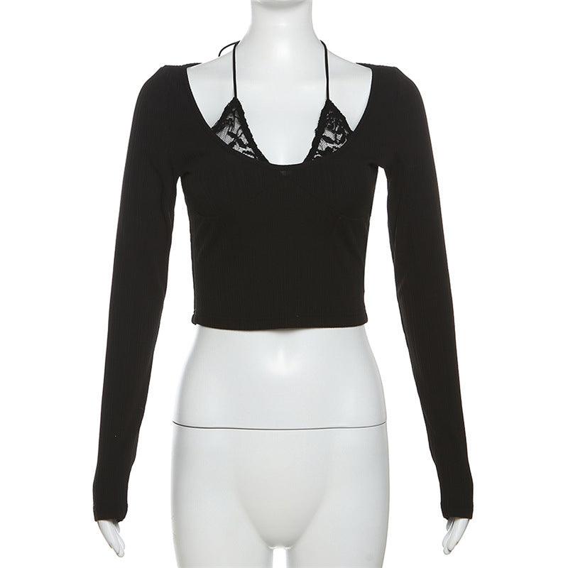 European And American Halter Spaghetti Straps Long Sleeved Fitted T-shirt