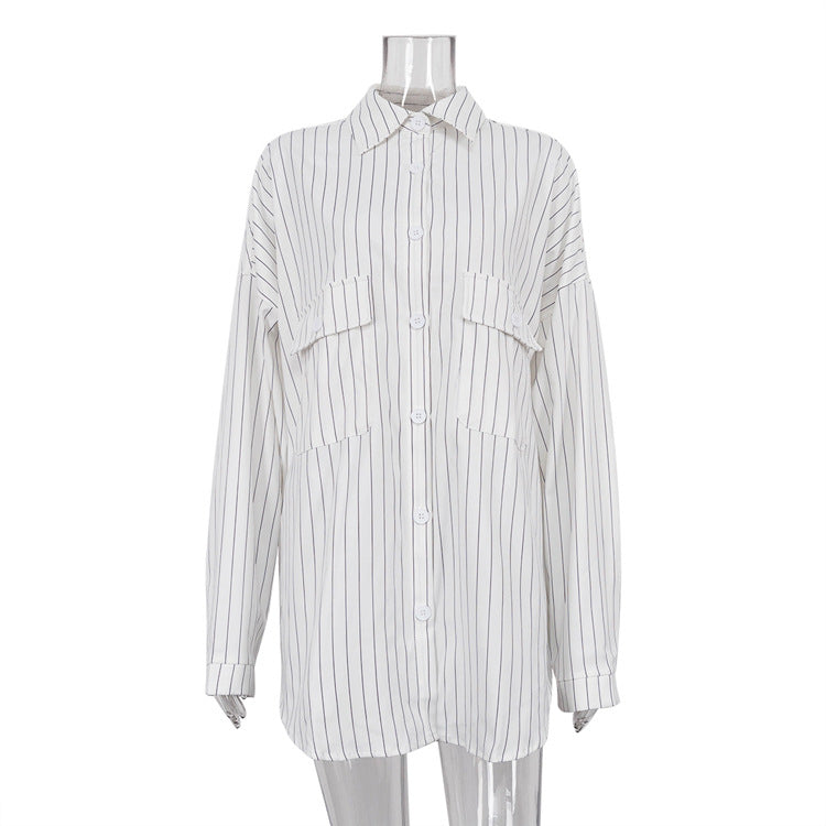 Fall Lapels Long Sleeve Striped Shacket Loose Casual Shirt for Women - myETYN