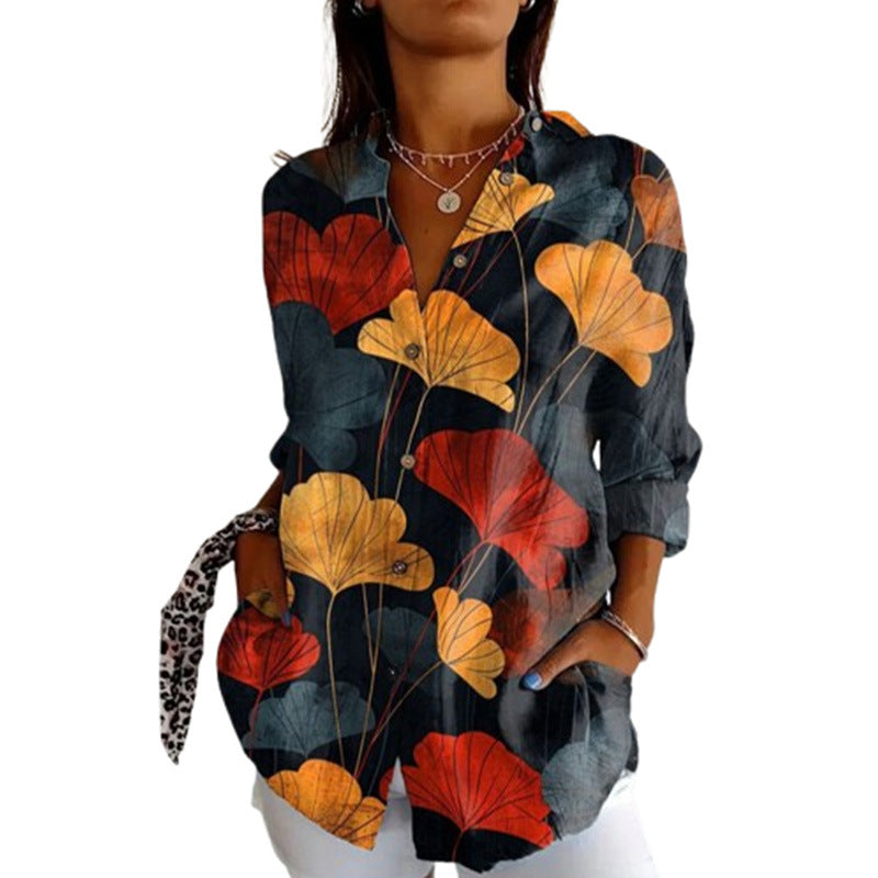 Women's Retro Red Apricot Leaf Printed Loose Shirt