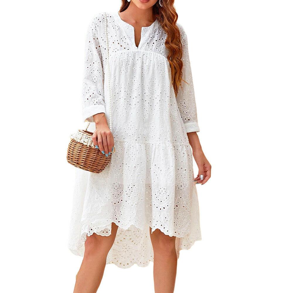Women's Clothing 2021 Summer New Three-quarter Sleeve Lotus Leaf Skirt Fresh Sweet Style Embroidery Hollow Dress - myETYN