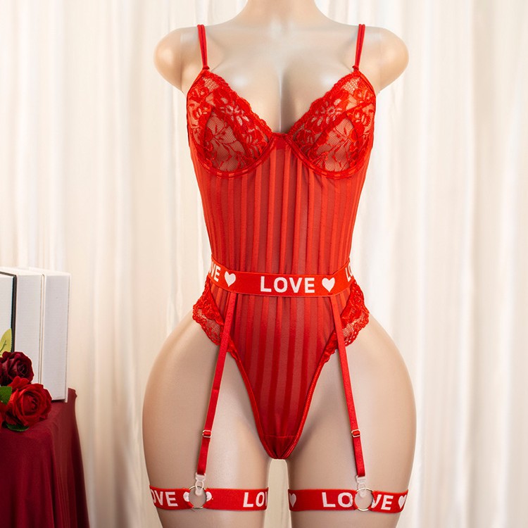 Valentine Day Lace See through Fine Mesh Sexy Red Sexy One Piece Underwear