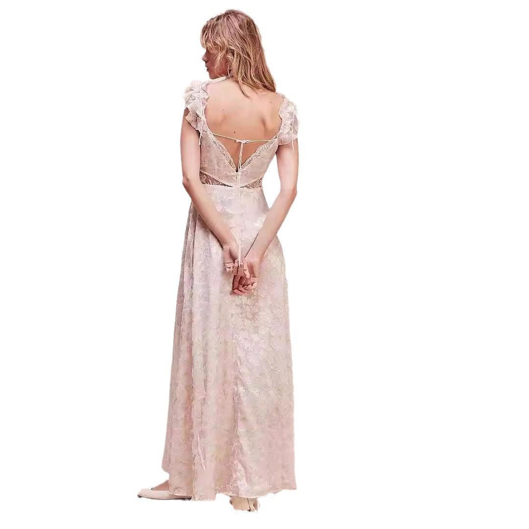 European And American Style Lace Backless Flying Sleeves Shoulder Strap Stitching Slit Color Length Dress