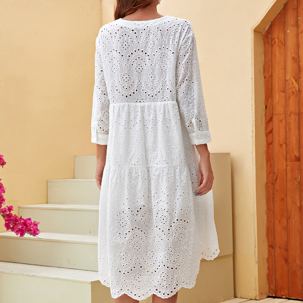 Women's Clothing 2021 Summer New Three-quarter Sleeve Lotus Leaf Skirt Fresh Sweet Style Embroidery Hollow Dress - myETYN