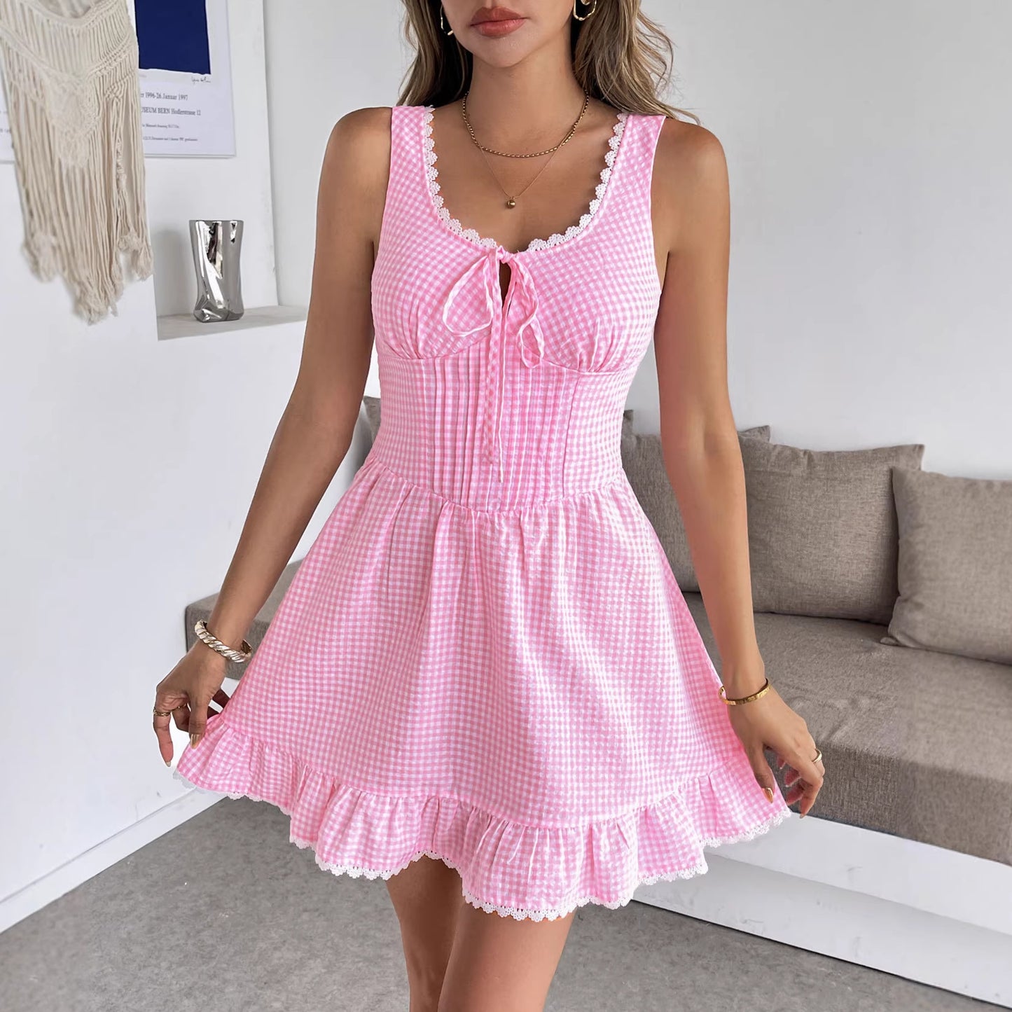 Sleeveless Holiday Sweet Sexy Short Dress Lace Bow Plaid Dress