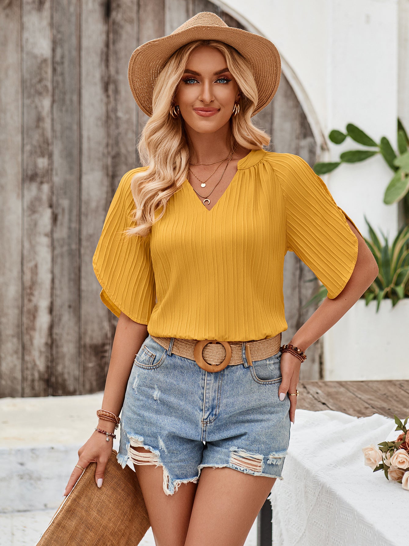 Summer Women Clothing Casual Solid Color V-neck Slim Hollow Out Cutout Women Top - myETYN