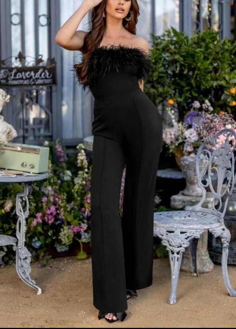 Spring Summer Women Clothing Sexy Deep V Plunge Feather Jumpsuit Casual Trousers RMAI