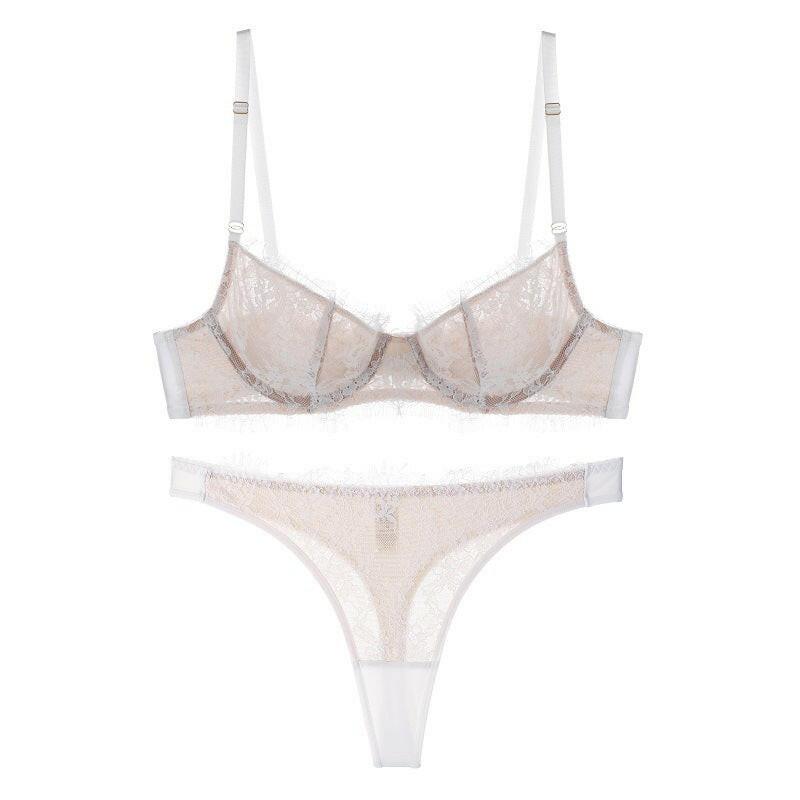 Underwear Women Big Chest Small French Transparent Color Sexy Eyelashes Lace Untra Thin Breathable Bra T Back Suit - myETYN