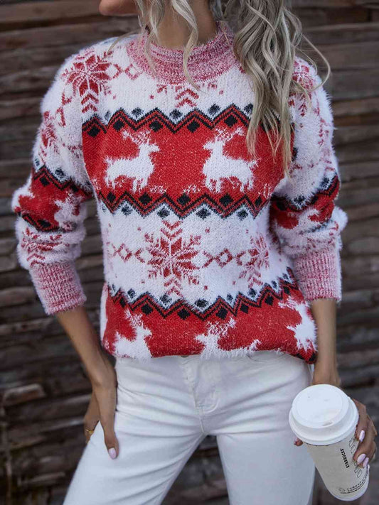 Reindeer & Snowflake Round Neck Sweater myETYN