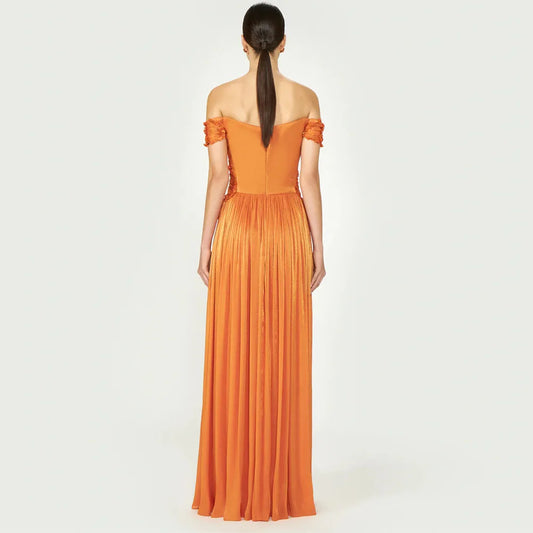 Luxury Off-Shoulder Georgette Prom Dress for Women – Pleated A-Line Evening Gown with High Slit & Ruched Waist