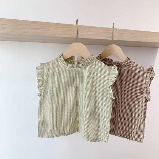 Sleeveless Shirt With Wooden Ears, Baby Plaid Lace Top myETYN