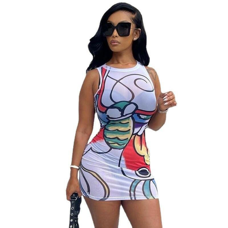 Street Trendy Round Neck Digital Printing Bag Hip Dress myETYN