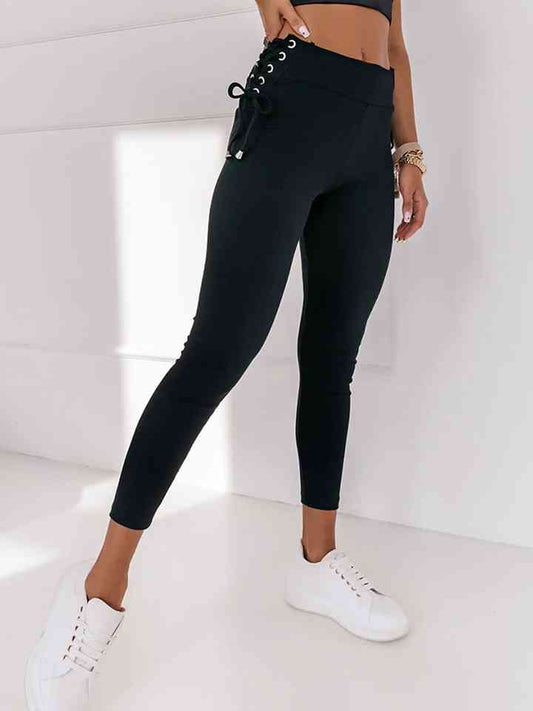 Wide Waistband Lace-Up Leggings myETYN