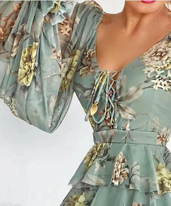 Women's Lace Up Ruffled V Neck Waist Dress myETYN