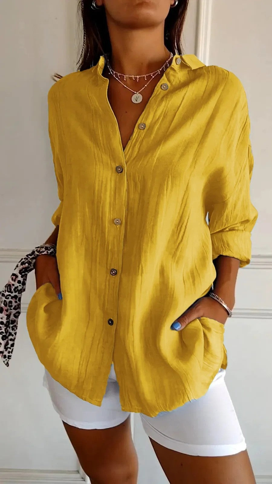 Popular Spring And Summer New Women's Loose Open Button Shirt Solid Color Top ETYN
