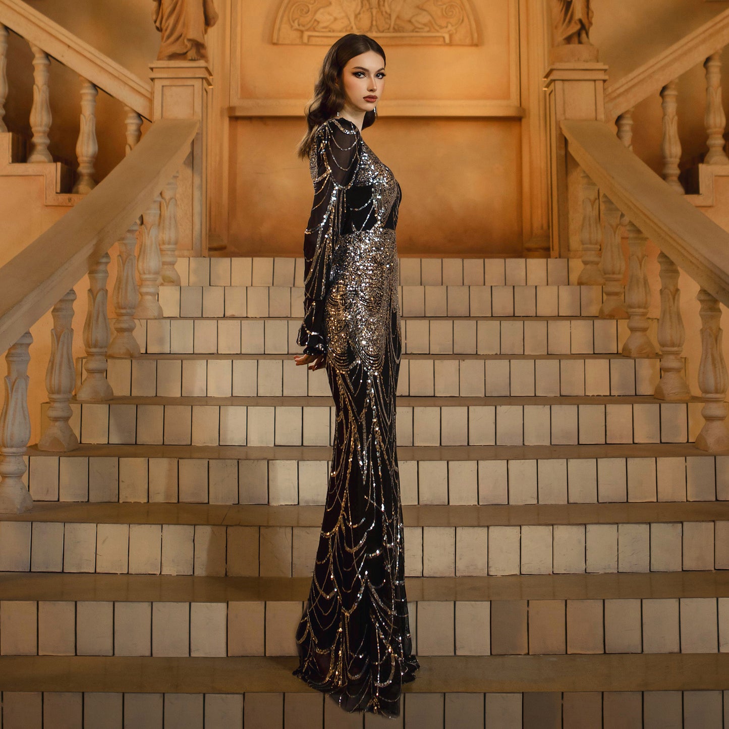 Long Sleeve Round Neck Slim-Fit Sequined Fishtail Evening Dress – Black Silver Gown