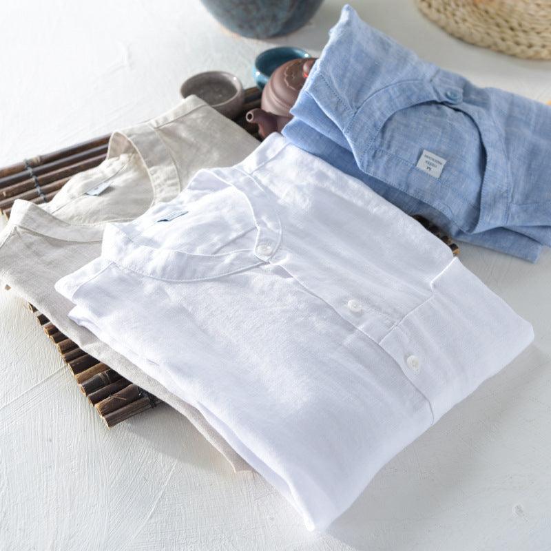 Thin Breathable Cotton Linen Standing Collar Shirt For Men