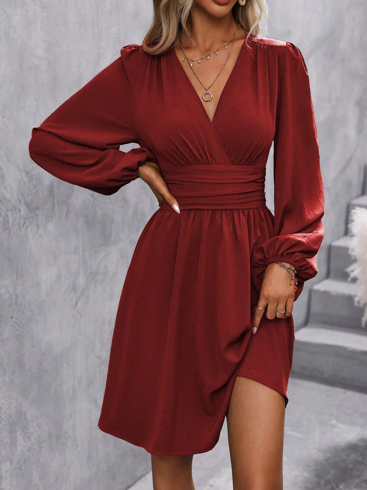 Diagonal Collar Lantern Sleeve Pleated Waist Dress ETYN