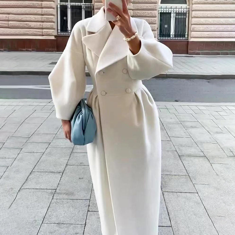 Women's Classic Winter Long Coat, Double-Breasted Belted Trench With Wide Lapel, Solid Color Oversized Overcoat For Casual Style ETYN