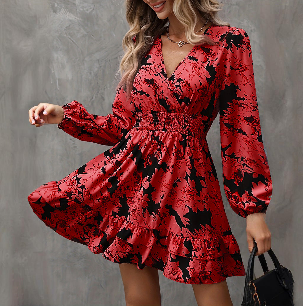 Women's Elegant Printed Lantern Sleeve A-Line Dress V-Neck, Ruffled Gathered Waist Detail, Flowy Midi Dress For Casual & Formal Occasions