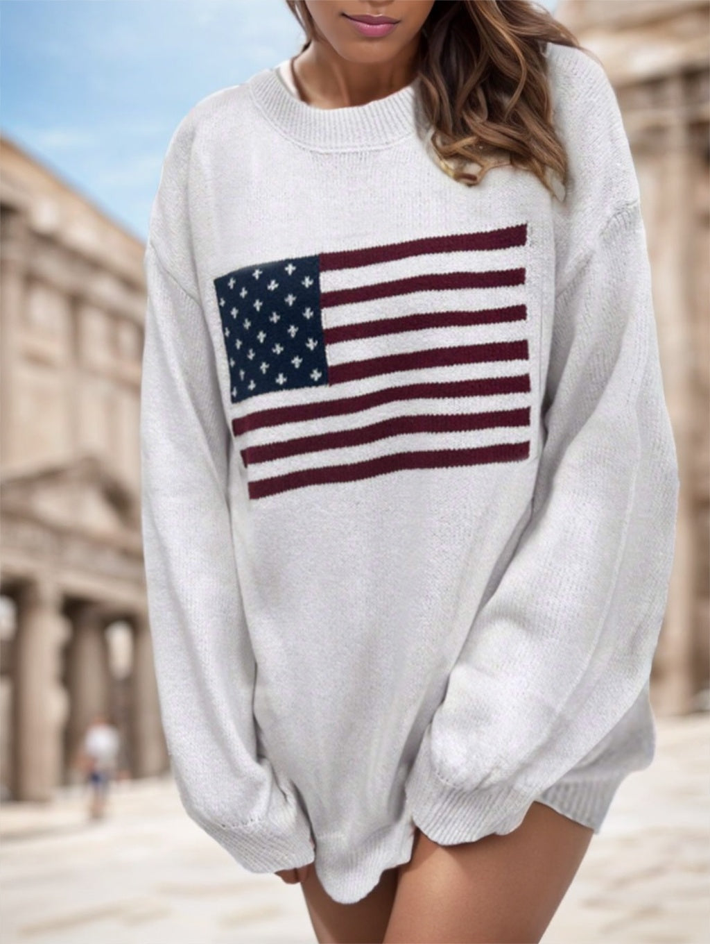 Usa Flag Design Drop Shoulder Sweater,Long Sleeve Tops ETYN