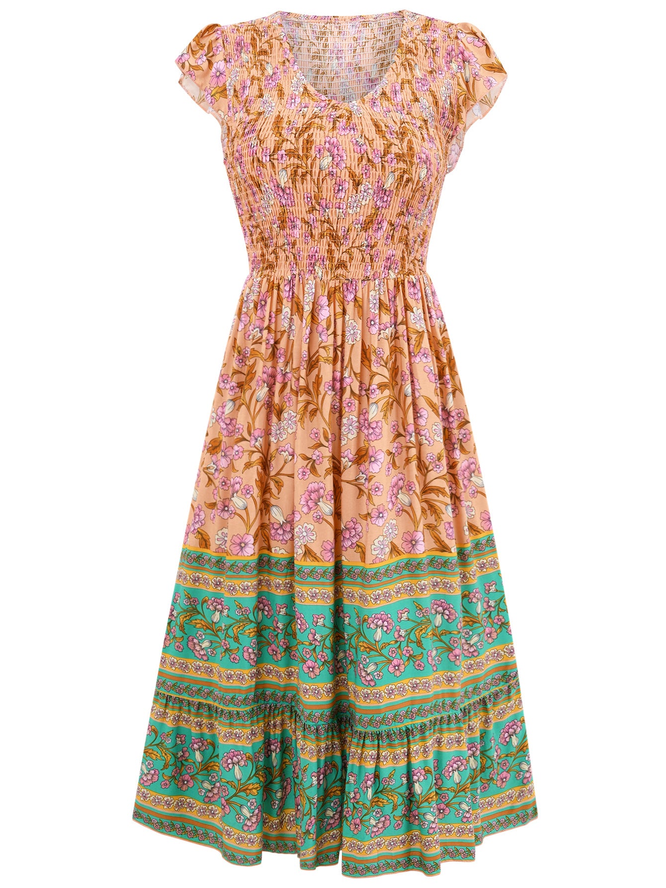 New Flowers Print V-neck Dress Summer Casual Ruffle Sleeveless Dresses Bohemian Holiday Beach Dress For Womens Clothing