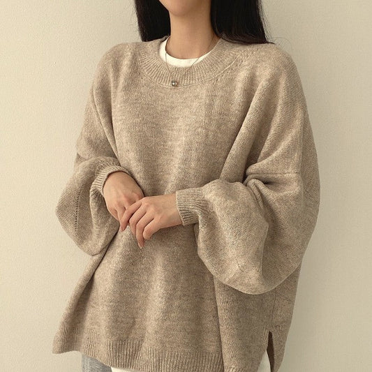 Crewneck Lantern Sleeve Oversized Wool Sweater for Women Abib