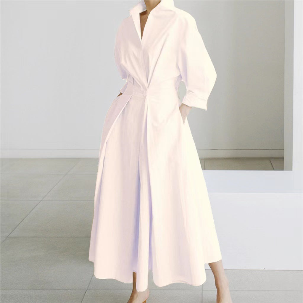 Long-Sleeve Elastic Waist Swing Maxi Dress Abib