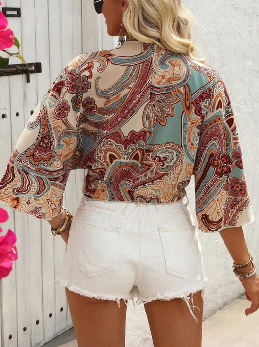 Women Bohemian Style Printed Long Sleeve Tie-Up Top ETYN