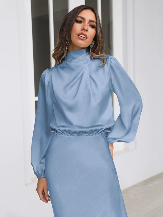 Elegant Temperament Long-sleeved Dress Satin Halterneck Formal Evening Dresses Women Clothing myetyn