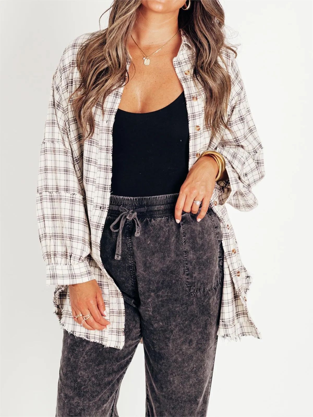 Autumn And Winter New Women's Tassel Long-sleeved Top Loose Casual Plaid Shirt Coat Women ETYN