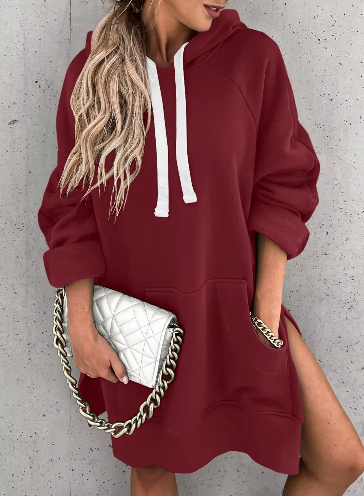 Women's Hooded Sweatshirt With Pockets Fashion Casual Split Mid-length Sweater Drawstring Tops myetyn